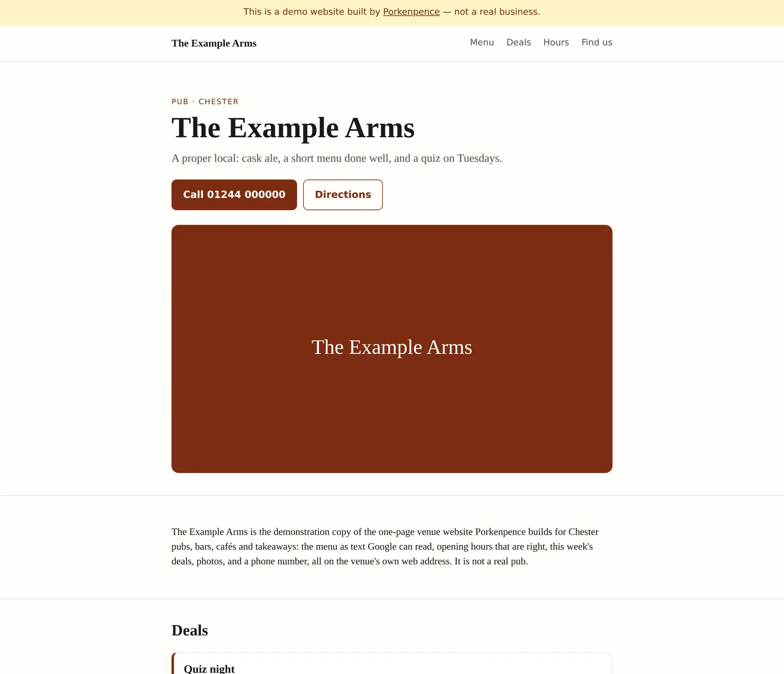 The Example Arms website on a desktop: name, call and directions buttons, a photo, and the menu